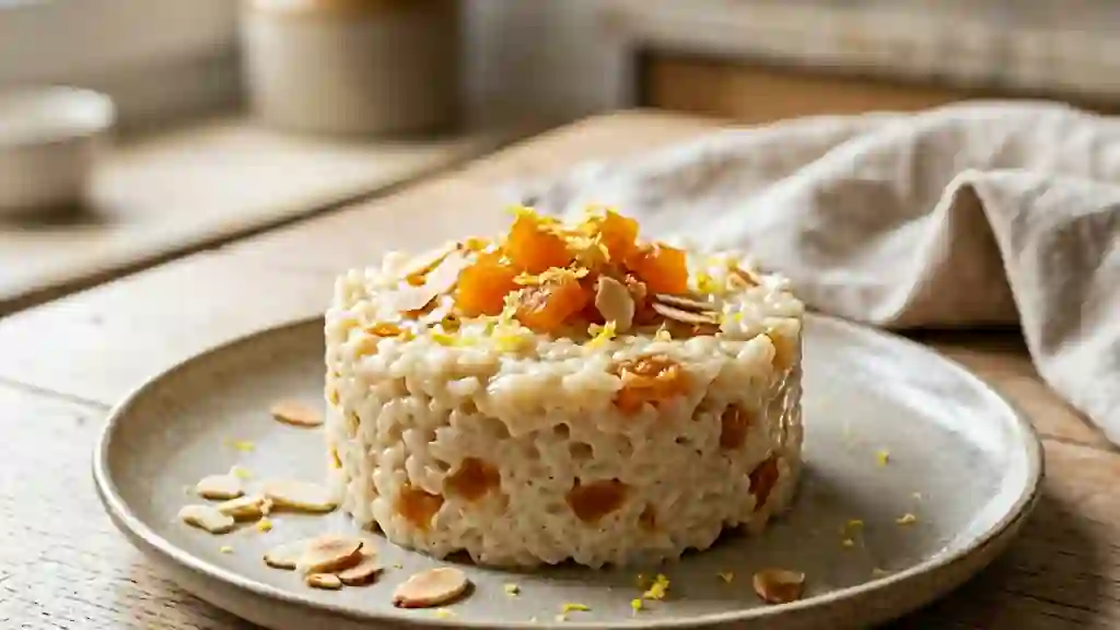 Gâteau de riz fondant aux abricots et amande - Photo de présentation