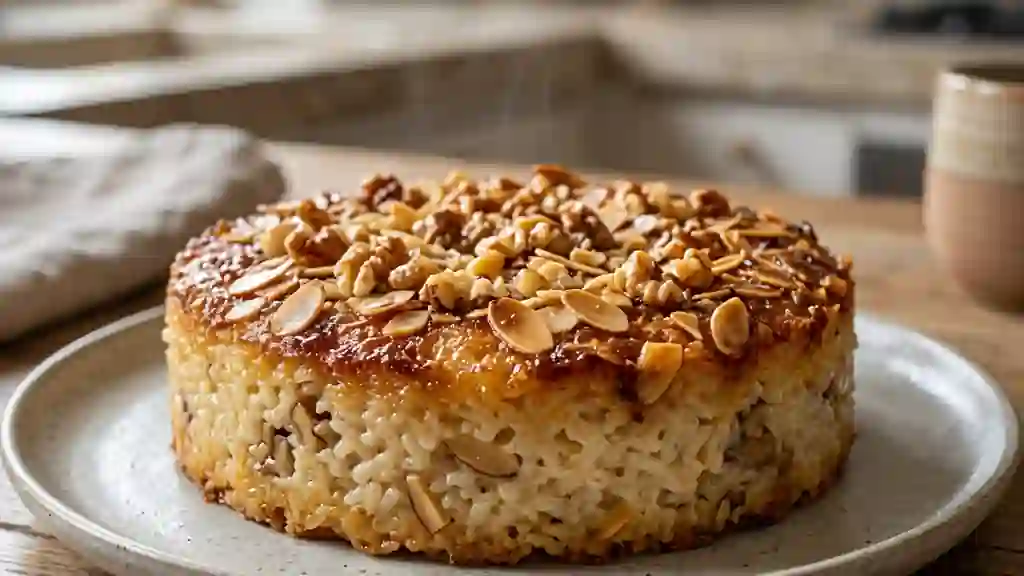 Gâteau de riz crémeux aux éclats de noix - Photo de présentation