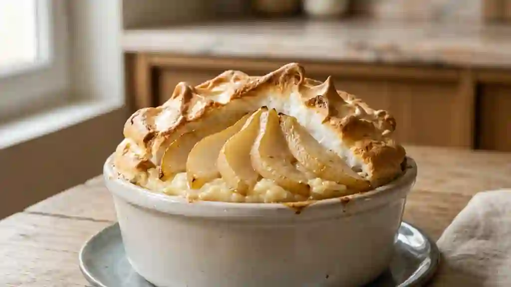 Gâteau de riz meringué aux poires fondantes - Photo de présentation