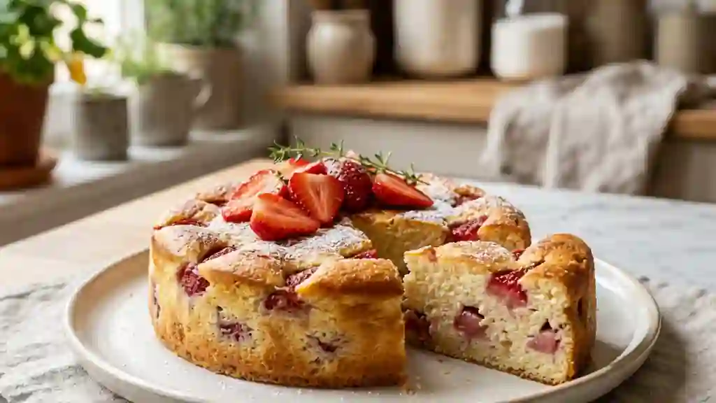 Gâteau fondant au fromage blanc et fraises - Photo de présentation