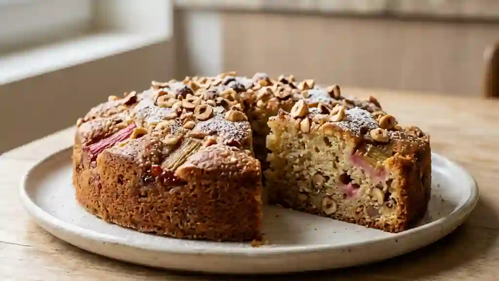 Gâteau fondant rhubarbe et éclats de noisettes - Photo de présentation