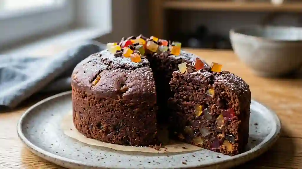 Gâteau chocolat fondant et éclats de fruits confits - Photo de présentation