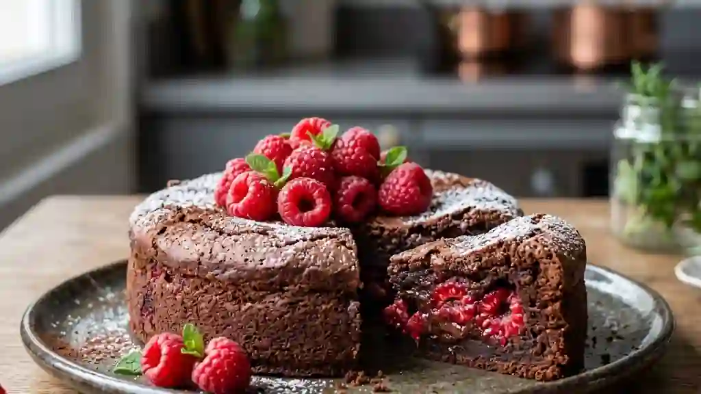 Gâteau fondant chocolat et framboises fraîches - Photo de présentation