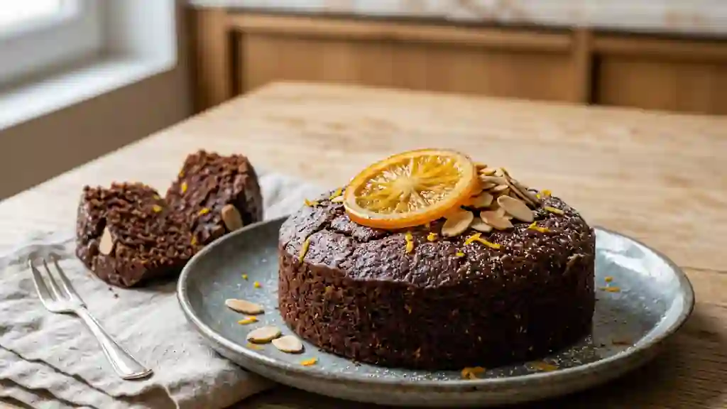 Fondant chocolat noir, orange et amandes - Photo de présentation