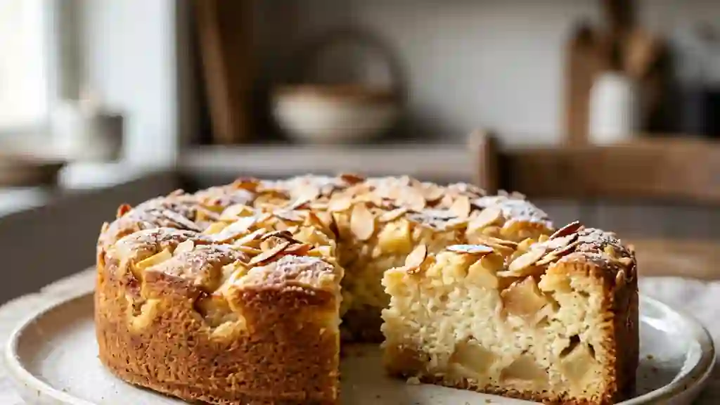 Gâteau fondant fromage blanc, pomme et amande - Photo de présentation
