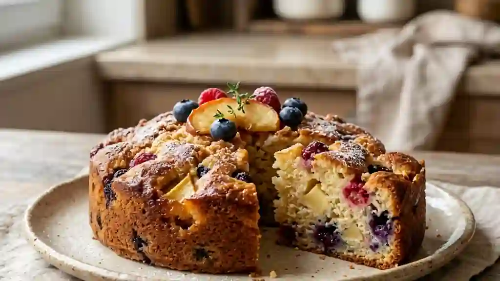 Cake matinal fondant aux pommes et fruits rouges - Photo de présentation
