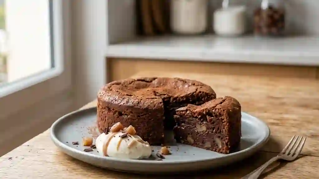 Gâteau fondant marron et chocolat noir - Photo de présentation