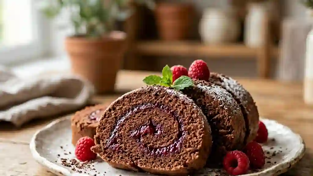 Roulé fondant cacao et cœur framboise - Photo de présentation