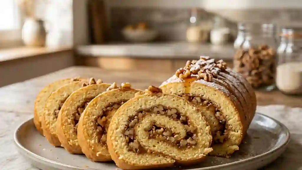 Biscuit roulé moelleux au miel et noix croquantes - Photo de présentation