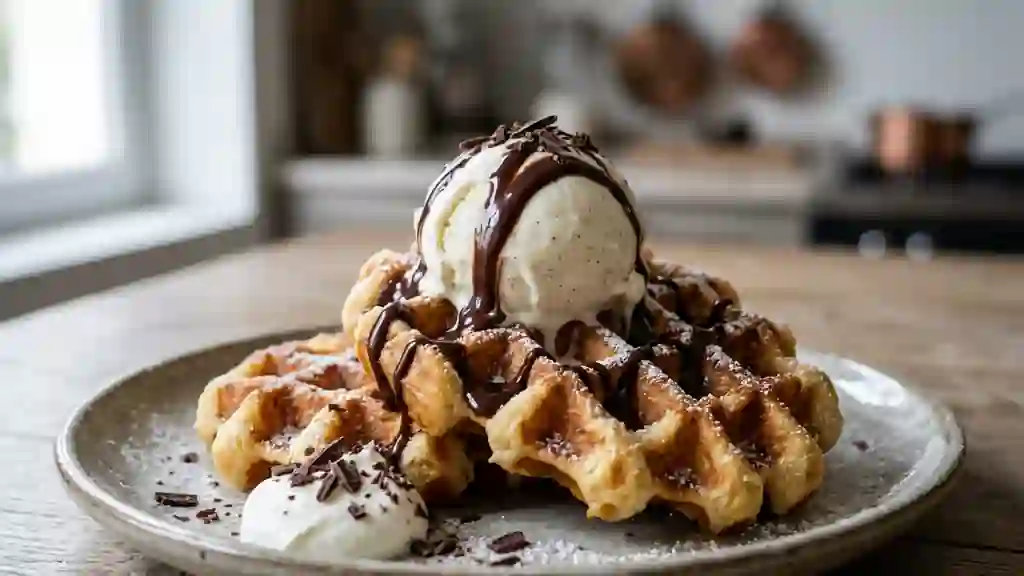 Gaufres croustillantes, glace et chocolat fondant - Photo de présentation