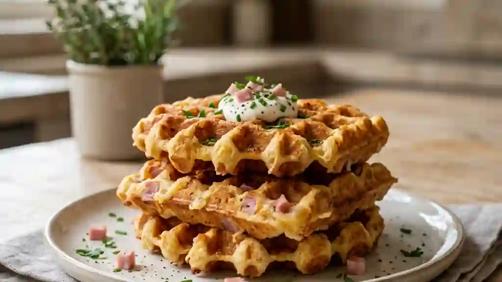 Gaufres croustillantes au jambon et fromage fondu - Photo de présentation