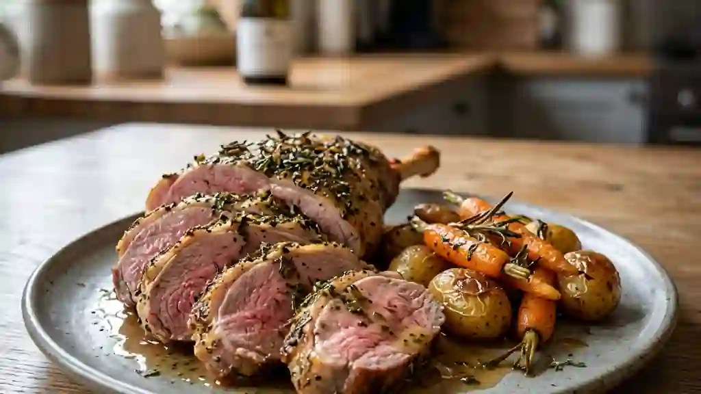 Gigot d'agneau rôti au vin blanc et herbes - Photo de présentation