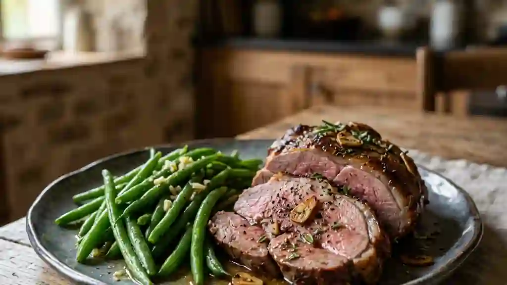 Gigot d'agneau piqué à l'ail et haricots verts - Photo de présentation