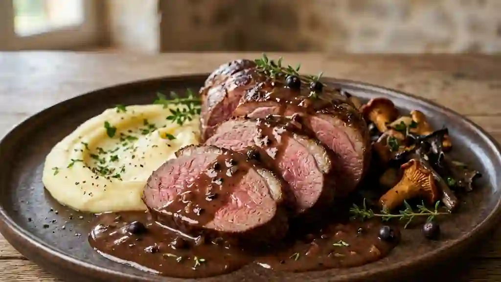 Gigue de chevreuil rôtie, sauce vénerie onctueuse - Photo de présentation