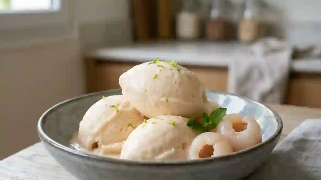 Glace fondante au litchi et crème fouettée - Photo de présentation