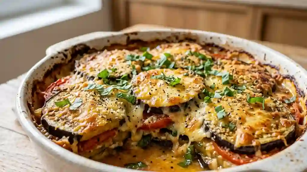 Gratin fondant aubergine, tomate et parmesan - Photo de présentation