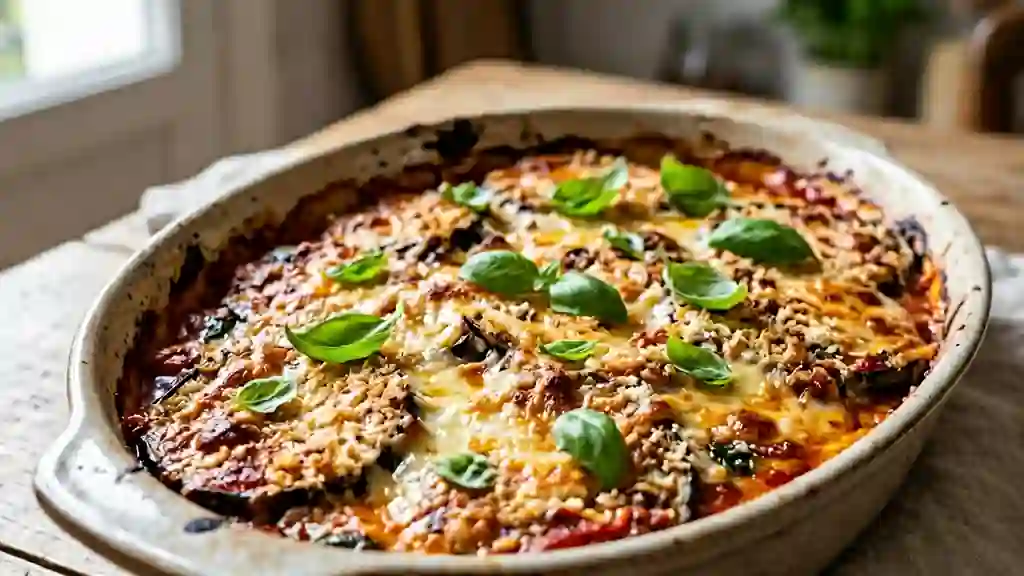 Aubergines fondantes au parmesan et basilic - Photo de présentation