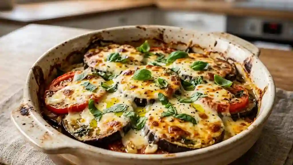 Aubergines fondantes et mozzarella grillée - Photo de présentation