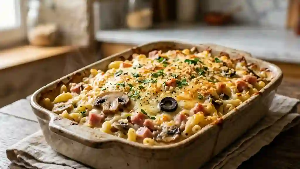 Macaronis gratinés aux champignons et jambon - Photo de présentation