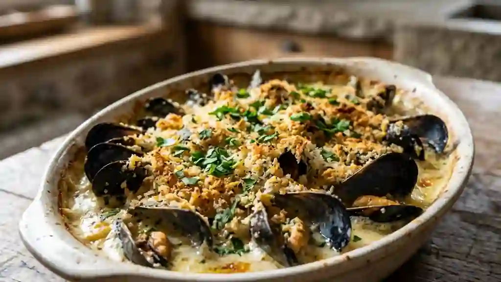Moules gratinées à la crème d'ail croustillante - Photo de présentation