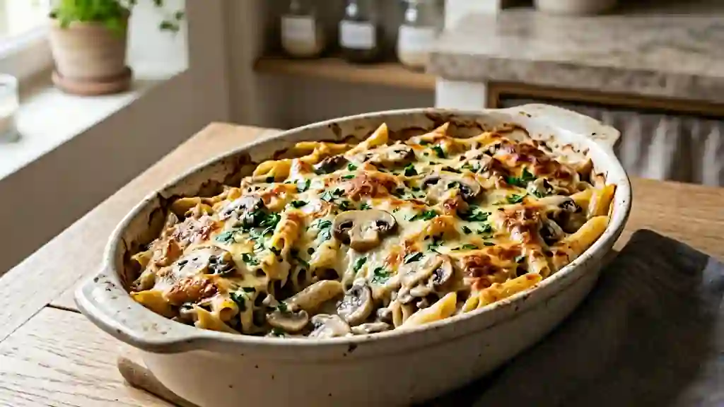 Pâtes gratinées aux champignons et crème ailée - Photo de présentation