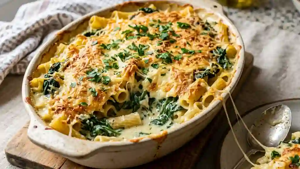 Pâtes gratinées aux épinards frais et crème - Photo de présentation