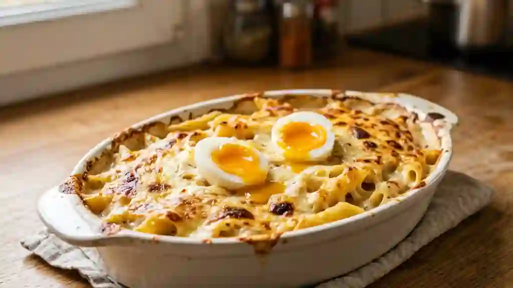 Pâtes gratinées au cœur d'œuf coulant - Photo de présentation