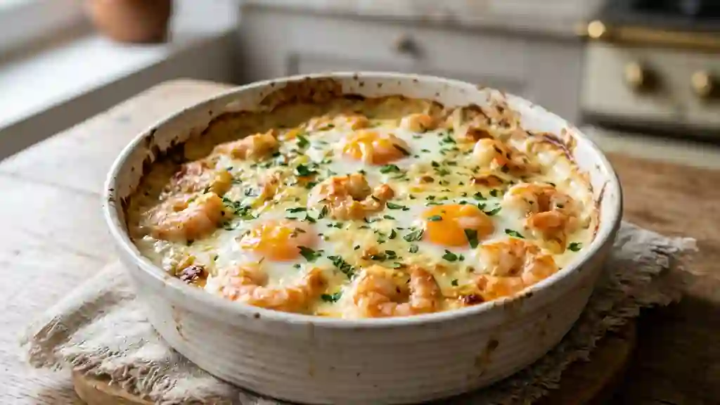 Gratin d'oeufs aux crevettes crémeux - Photo de présentation