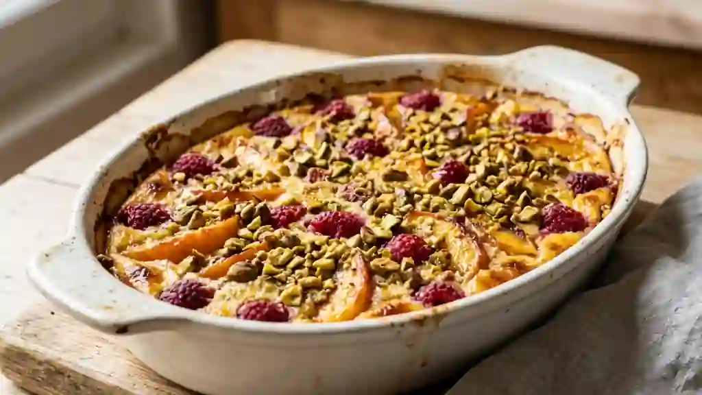 Pêches et framboises fondues, éclats de pistache - Photo de présentation