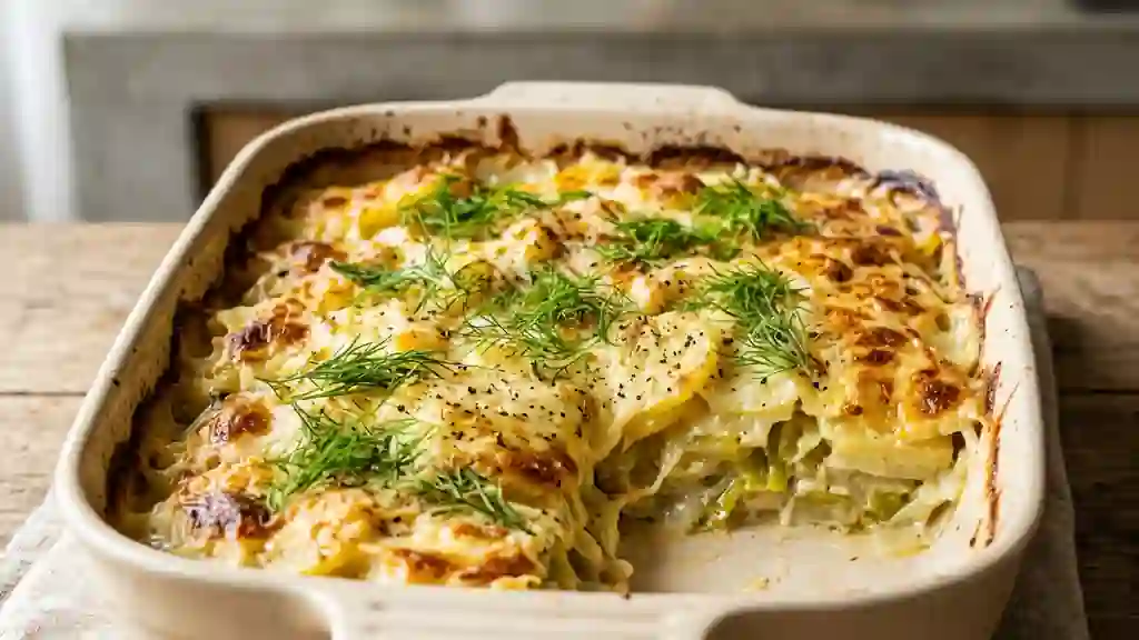 Gratin fondant aux poireaux et fenouil anisé - Photo de présentation