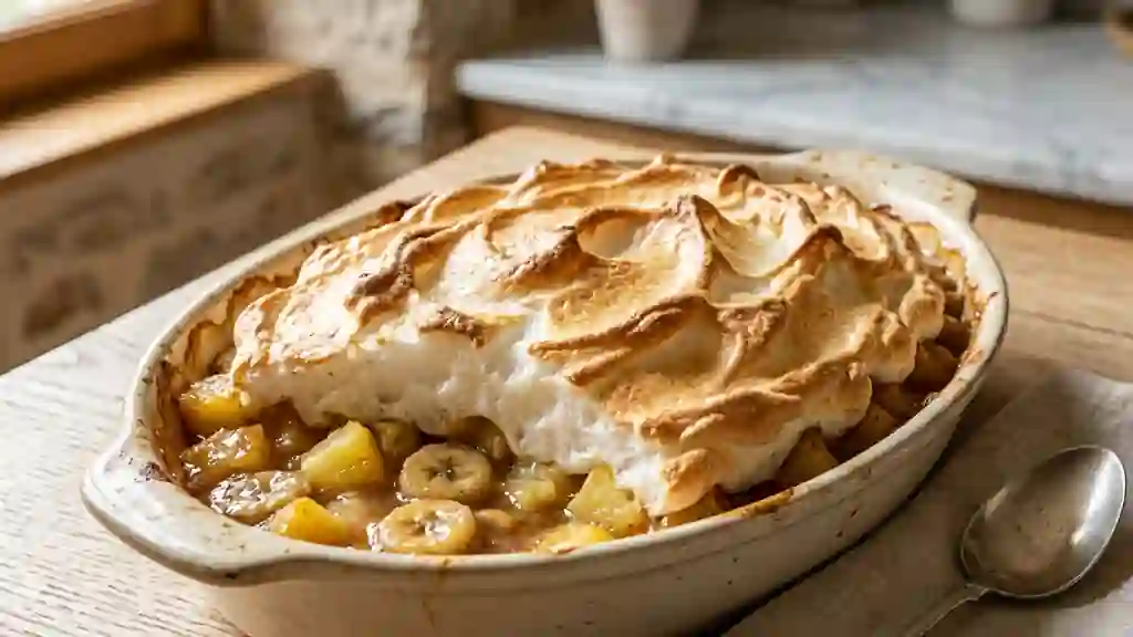 Gratin fruité ananas-banane et meringue fondante - Photo de présentation