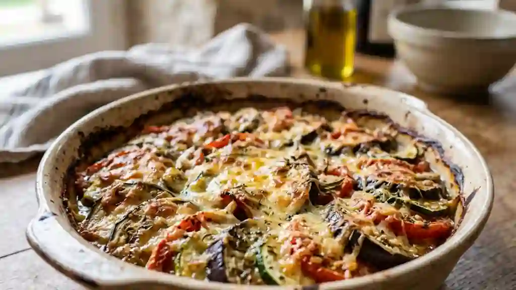 Gratin fondant d'aubergines et courgettes à l'ail - Photo de présentation