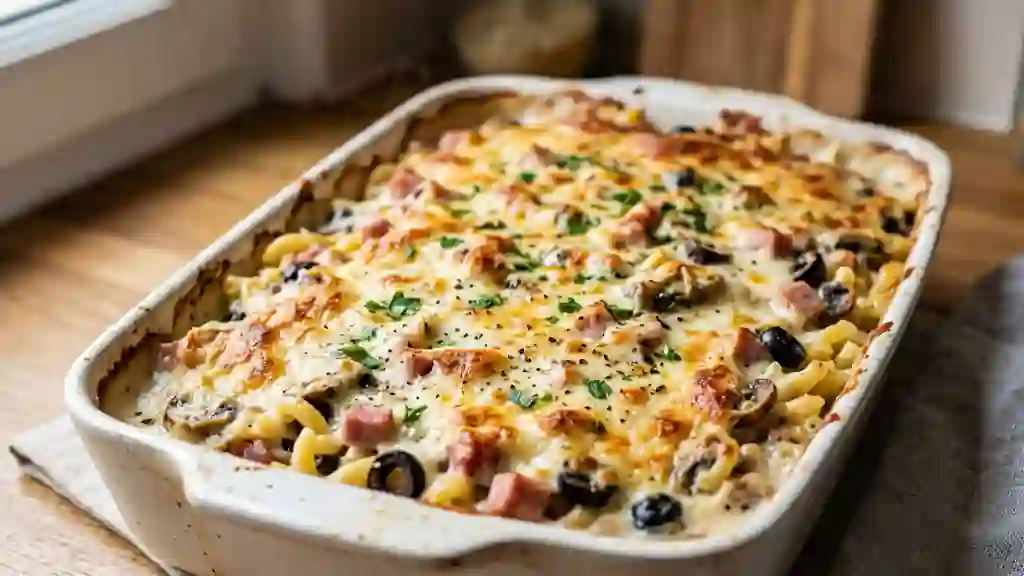 Gratin de pâtes crémeux jambon et champignons - Photo de présentation