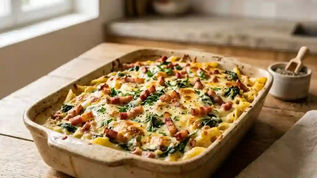 Penne fondantes au lard fumé et épinards frais - Photo de présentation