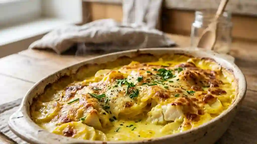 Gratin de poisson fondant au curcuma doré - Photo de présentation