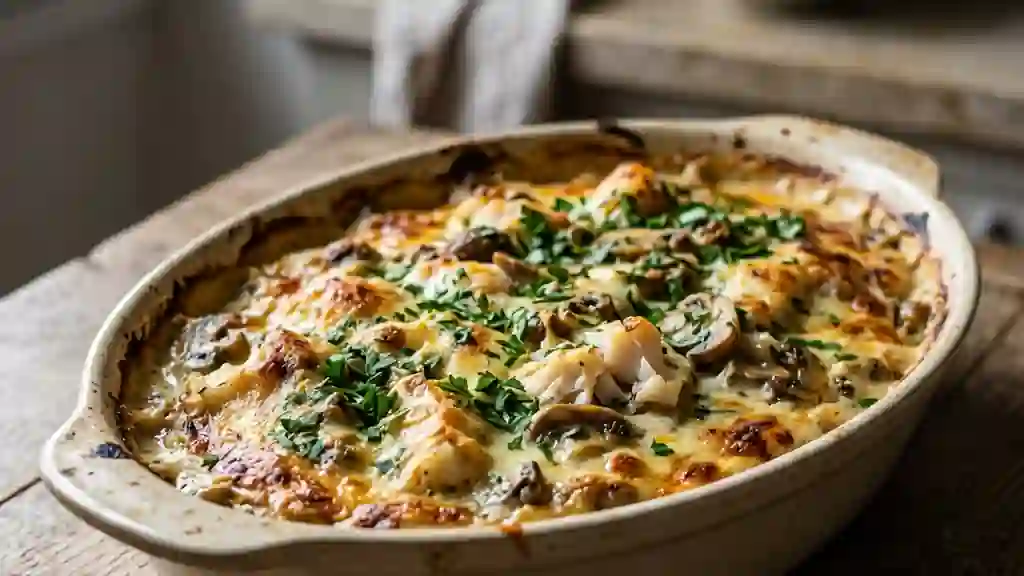 Poisson fondant sous sa croûte de champignons - Photo de présentation