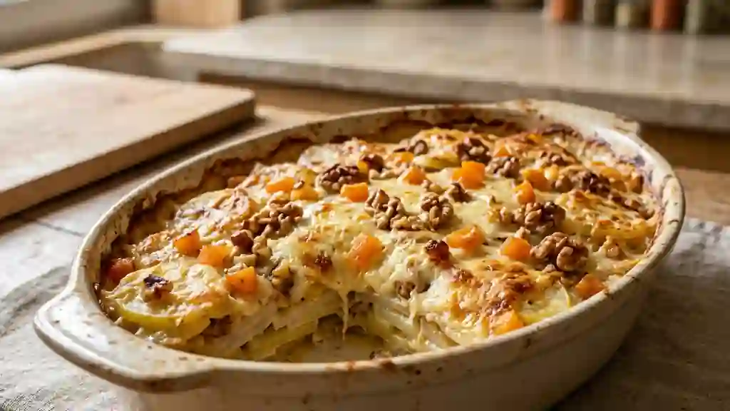 Gratin onctueux pommes de terre, navets et noix - Photo de présentation