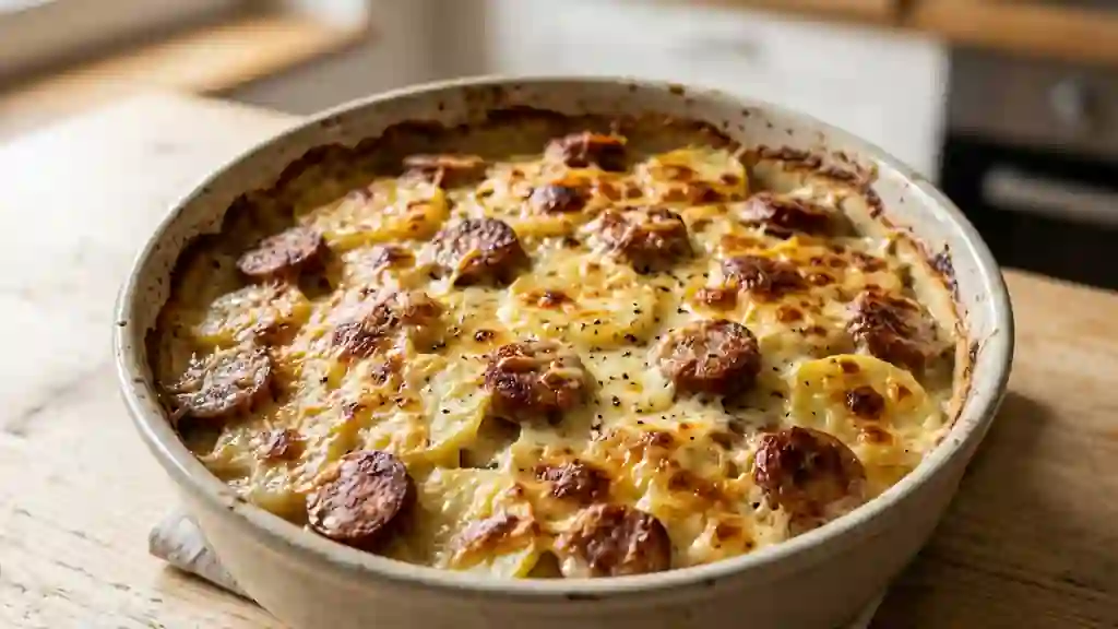 Gratin de saucisses fondant et doré - Photo de présentation