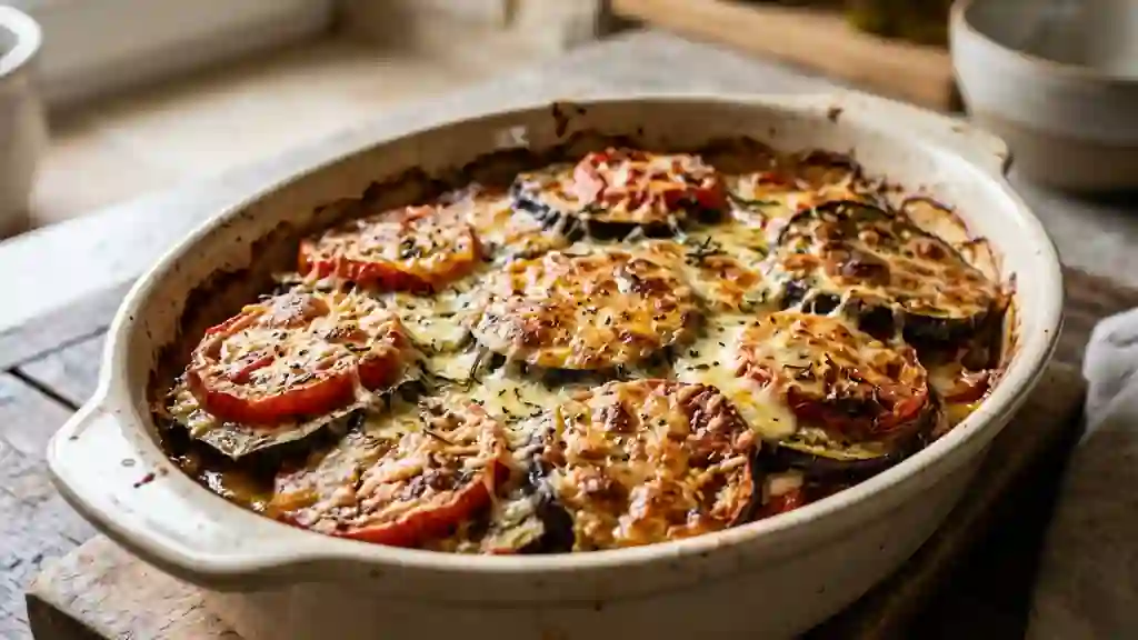 Gratin fondant d'aubergines et tomates à l'ail - Photo de présentation