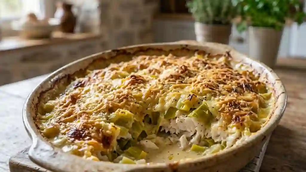 Gratiné fondant de poireaux et poisson blanc - Photo de présentation