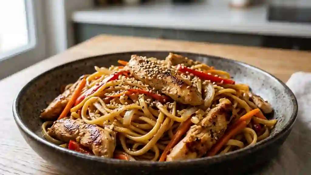 Wok de nouilles au poulet et légumes croquants - Photo de présentation
