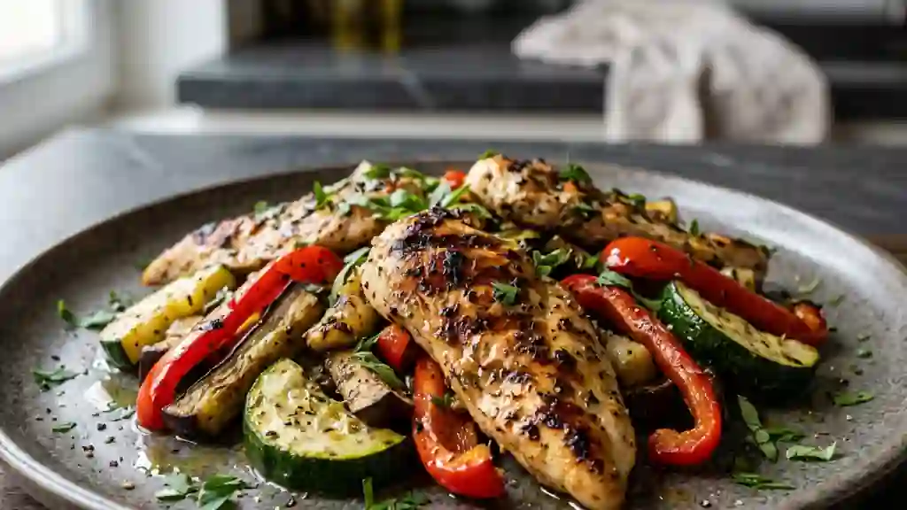 Poulet grillé aux légumes du soleil et ail - Photo de présentation