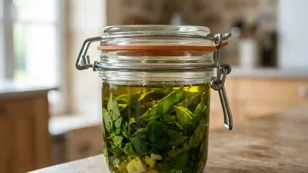 Basilic intense à l'huile d'olive et ail - Photo de présentation
