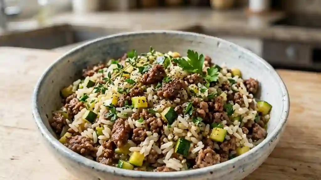 Poêlée de bœuf haché, riz et courgettes fondantes - Photo de présentation