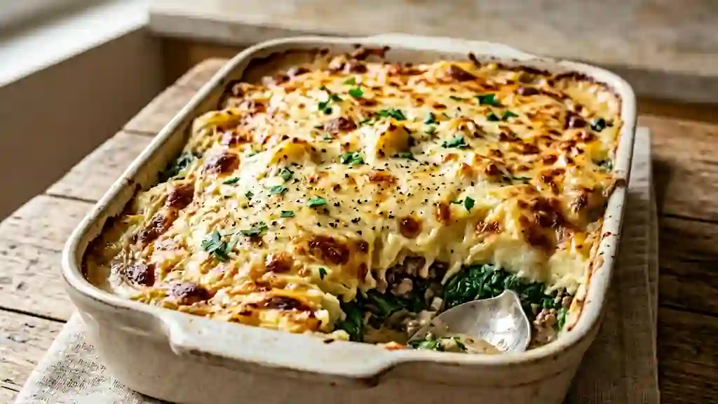 Parmentier fondant au bœuf et épinards frais - Photo de présentation