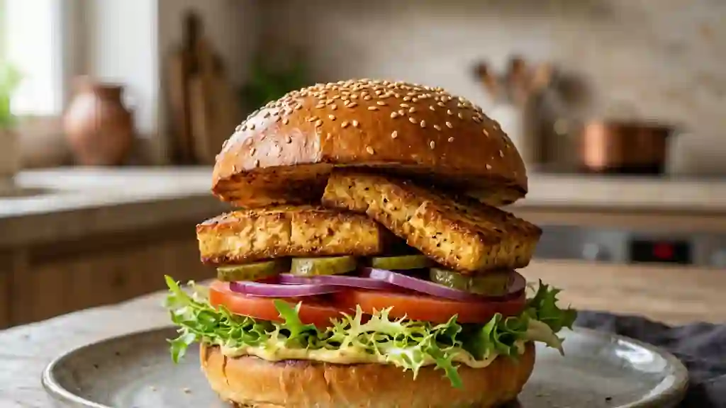 Burger au Tofu Croustillant et Condiments Frais - Photo de présentation