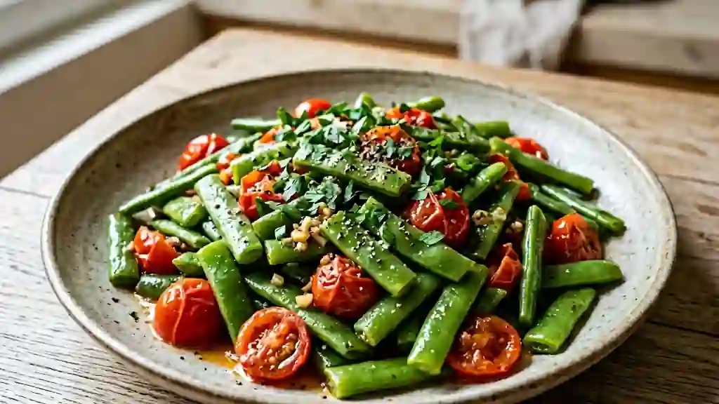 Haricots plats croquants aux tomates cerises - Photo de présentation