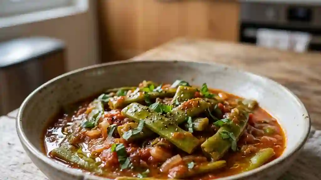 Haricots plats fondants à la sauce tomate - Photo de présentation