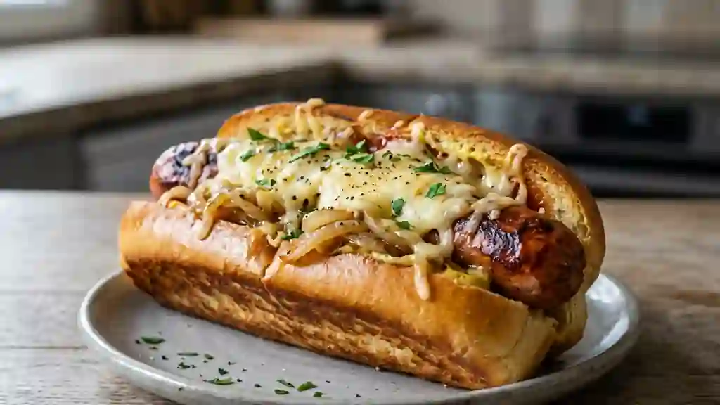 Hot-dog gratiné aux oignons fondants - Photo de présentation
