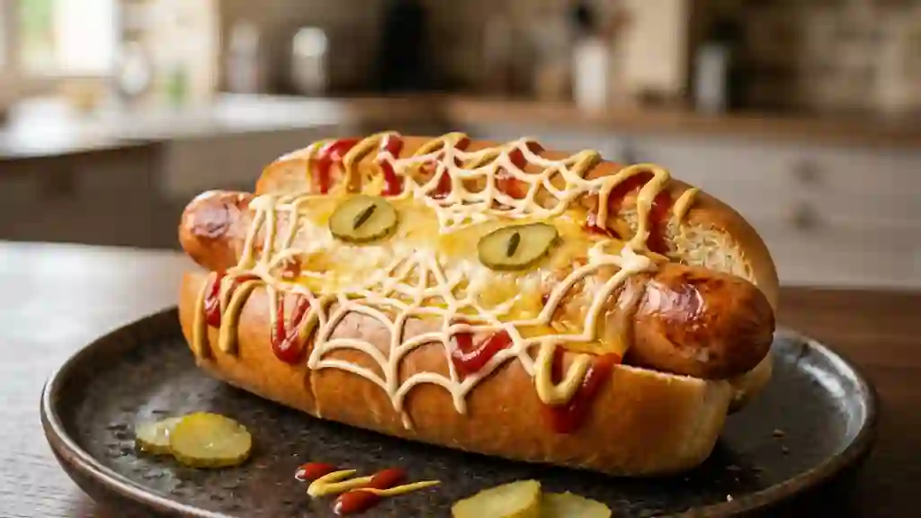 Hot-dog Halloween craquant au cheddar fondu - Photo de présentation
